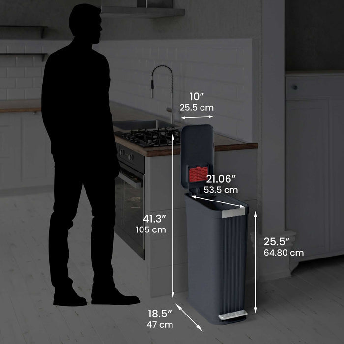 Size perspective image of the iTouchless PE13GG trash can next to a silhouette of a person, displaying its full dimensions in inches and centimeters (41.3 inch height with lid open).