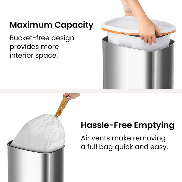 iTouchless 24 gallon Oval Sensor Kitchen Trash Can with AbsorbX Odor Filter maximum capacity and hassle-free emptying