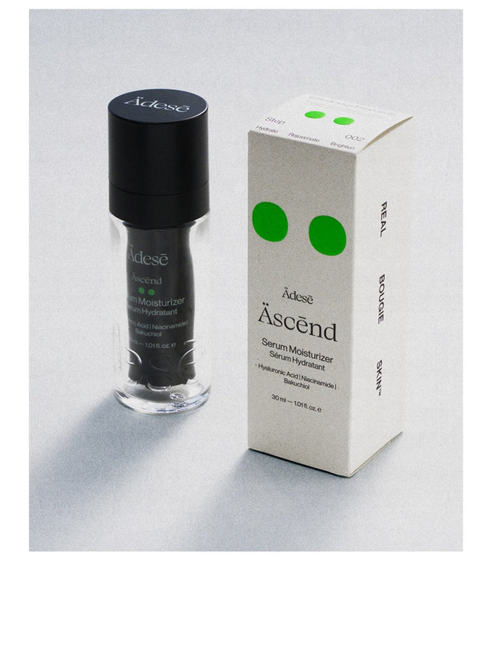 ÄDESĒ Äscēnd The Serum Moisturizer 30ml bottle with sleek design, showcasing the elegant packaging and branding.