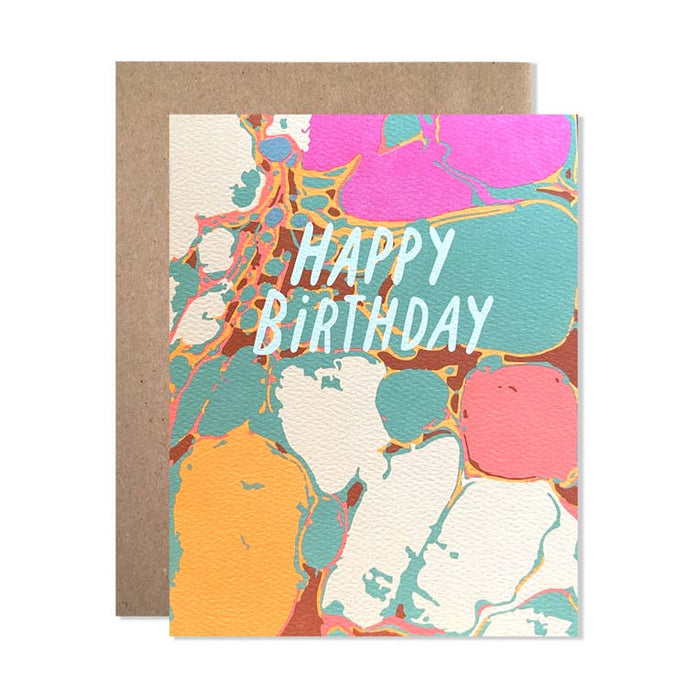 Birthday card with colorful marbled pattern and βHAPPY BIRTHDAYβ message