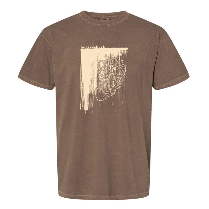 An espresso brown t-shirt that says bear vs shark has a cream brushstroke pattern covering sketches of multiple people.