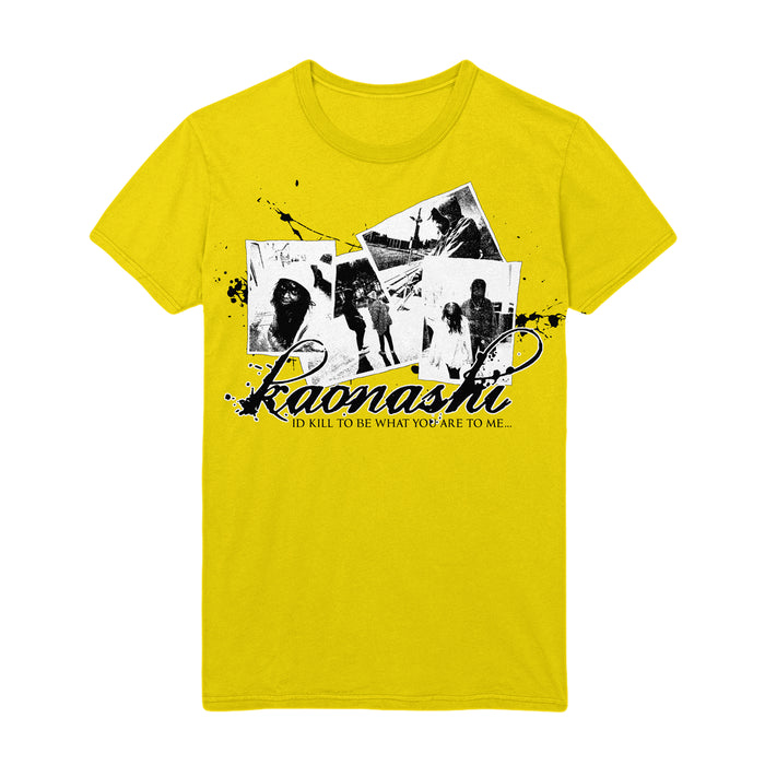 A bright yellow T-shirt has pictures of a man and a woman on it with the words, "Kaonashi: I'd Kill To Be What You Are To Me..." underneath it in black splatter and cursive.