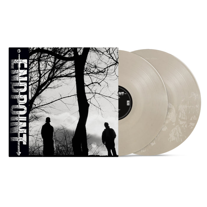 A vinyl record set from Endpoint with a black and white cover showing two people’s silhouettes by leafless trees. The word ENDPOINT runs vertically on the left, and two translucent vinyl records are partly visible.