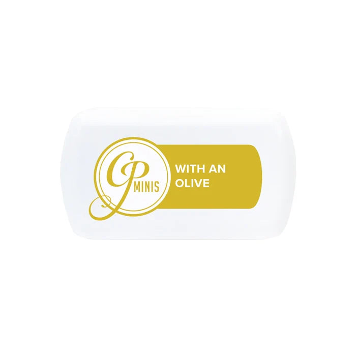 Catherine Pooler - Mini Ink Pad - With an Olive. Shaken, not stirred. With an Olive is the perfect Spa olive green! This gorgeous, muted yellow-green falls between Lemongrass and Green Tea on the color wheel. Available at Embellish Away located in Bowmanville Ontario Canada.
