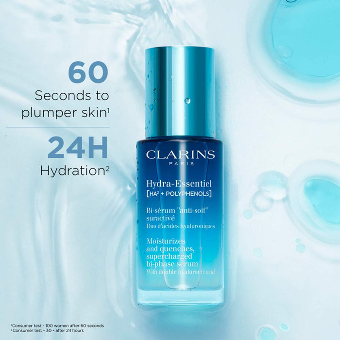 Clarins Hydra-Essentiel Bi-Phase Serum bottle with white and green packaging, displayed against a white background.
