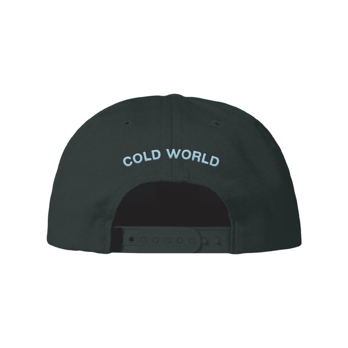 The back of this Black Snapback by The Flatliners features COLD WORLD embroidered in bold white letters above the adjustable strap.