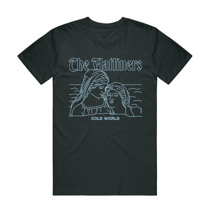 Black Comfort Colors tee by The Flatliners, featuring a line drawing of two people with water behind them, "The Flatliners" above and "COLD WORLD" below the illustration.