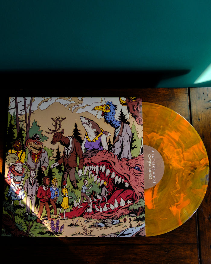 A Lot Like Birds’ Limited Edition orange marbled vinyl sits partly in its illustrated sleeve—showing people and fantastical creatures at a forest Koi Pond—on a wooden surface under bright light.