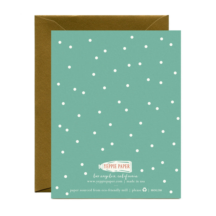 Boxed set of 8 Christmas greeting cards, teal back with white polka dots and YEPPIE PAPER logo