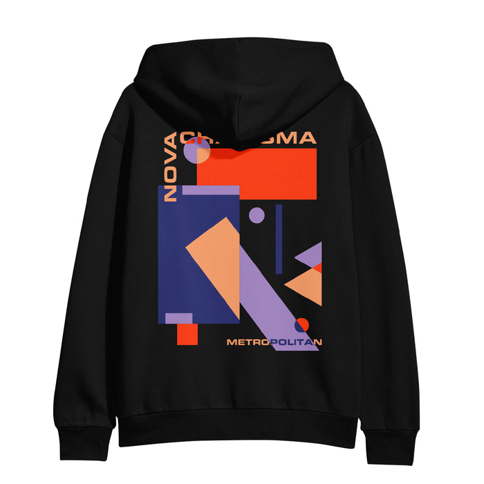 Black pullover hoodie by Nova Charisma with a bold geometric abstract design on the back in orange, purple, and red. Features “NOVA CHROMA” at the top and “METROPOLITAN” at the bottom in a Cubist-inspired style.