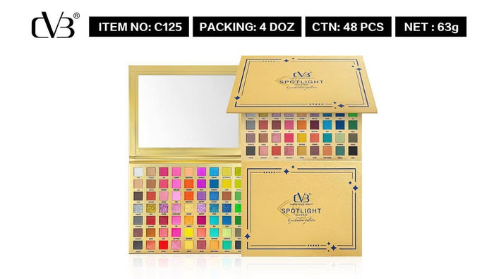 Makeup palette with mirror and color swatches, branded 'CVB', on a white background.