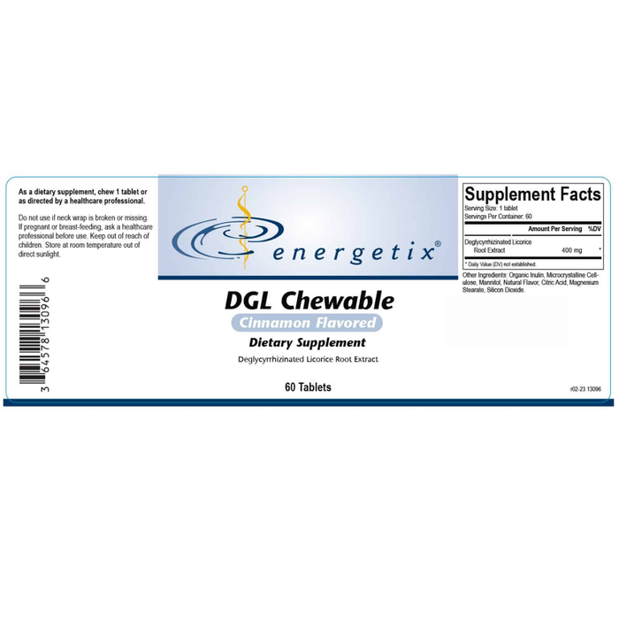 DGL Chewable contains deglycyrrhizinated licorice root extract (DGL) in a cinnamon flavored, chewable tablet.