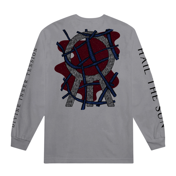 A gray Hail The Sun Comfort Colors long-sleeve shirt with a large abstract circle and X design over red and blue textures on the back. "DIVINE INNER TENSION" and "HAIL THE SUN" appear in bold black text down the sleeves.