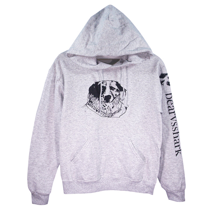 A light gray bearvsshark hoodie with a black dog face illustration on the chest and "bearvsshark" printed on the right sleeveβa standout piece among printed garments.