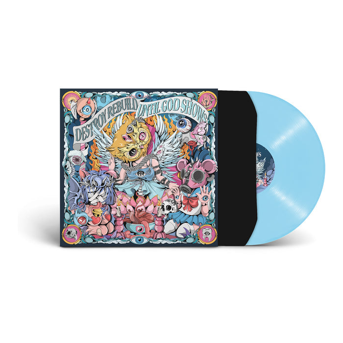A transparent sky blue vinyl record by D.R.U.G.S. slides out of a sleeve with colorful, surreal art—cartoon angels, skulls, and eyes. The cover reads Destroy Rebuild Until God Shows. Includes full album digital download.