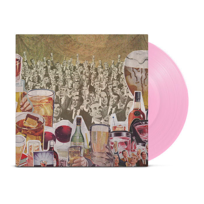 A vinyl record by Dear and the Headlights features an opaque pink disc and a cover with a lively crowd raising drinksβwine, beer, and cocktailsβin a modern celebration reminiscent of Bible times.