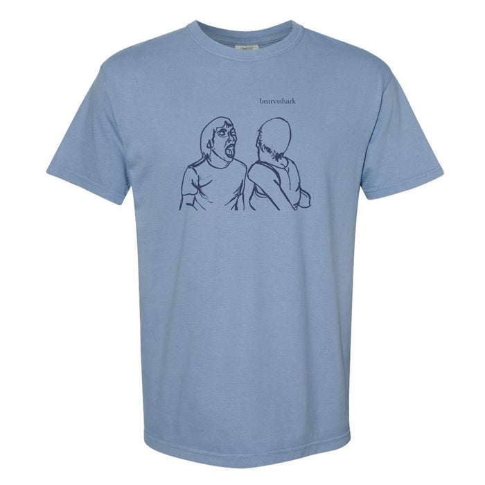 A baby blue t-shirt has a sketch of someone yelling at another person with the words "bearvsshark" at the top.
