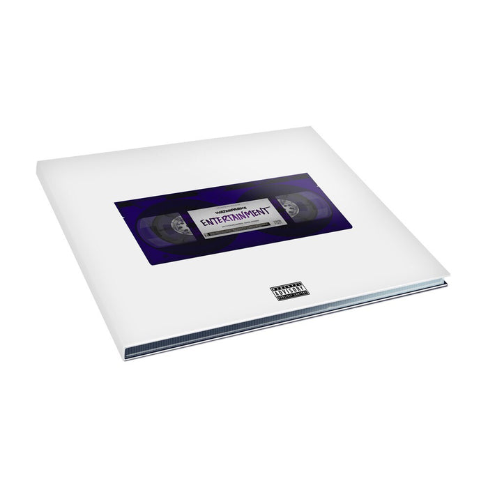 A white square vinyl record sleeve by Waterparks featuring a VHS tape labeled Entertainment in the center, plus a parental advisory stickerβa nostalgic nod to classic entertainment formats.