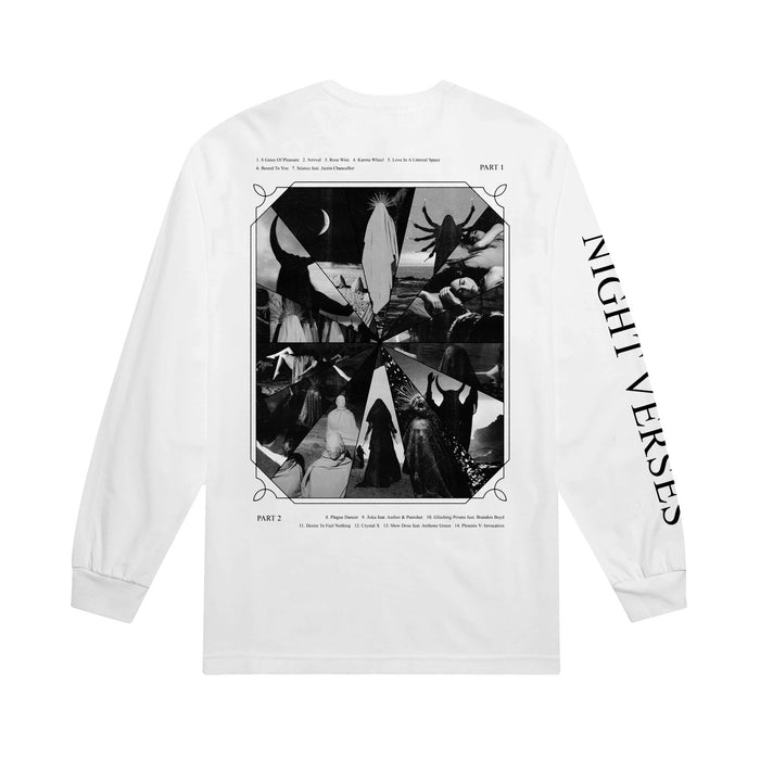 The Night Verses white long-sleeve t-shirt features black-and-white abstract art and a song list on the back, with NIGHT VERSES in bold down the right sleeve. Made from soft Comfort Colors fabric for all-day comfort.