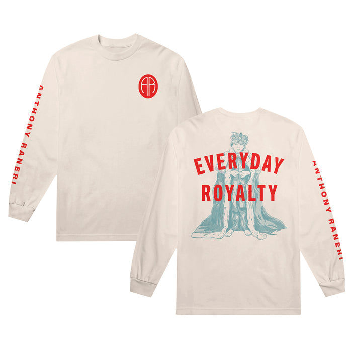 This ivory long sleeve shirt has a red "AR" symbol on the right hand side. On the sleeves, "Anthony Raneri" is in bold letters. On the back of the shirt, there is a muted green print of a boy dressed up as a king with the words "Everyday Royalty" over him.