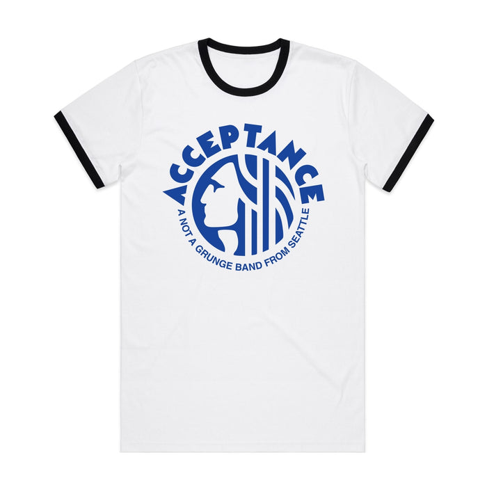 White ringer T-shirt by Acceptance with black collar and sleeves. Features a blue Seattle coffee logo parody on the front, reading โACCEPTANCEโ above and โA NOT GRUNGE BAND FROM SEATTLEโ below a stylized Face White design.