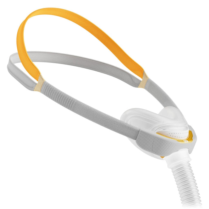 An image showing the F&P Solo Nasal CPAP/BiPAP Mask with transparent cushions and gray headgear.
