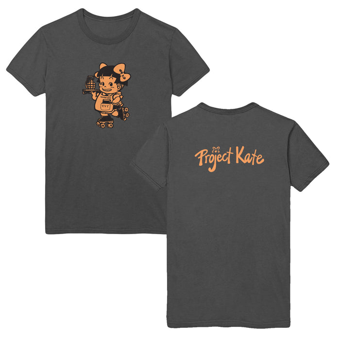 Project Kate charcoal T-shirt featuring a cartoon KateGirl on roller skates with a cupcake on the front, and “Project Kate” in orange script on the back.