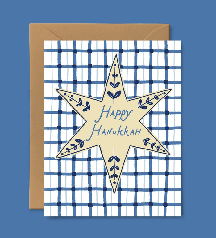Happy Hanukkah star greeting card with blue check pattern and star text