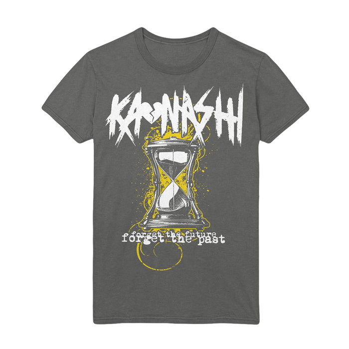 Charcoal gray Kaonashi T-Shirt with KRONASH in bold white jagged text, a yellow hourglass icon, forget the past in distressed font, and yellow paint splatter accents—an iconic design from Kaonashi.