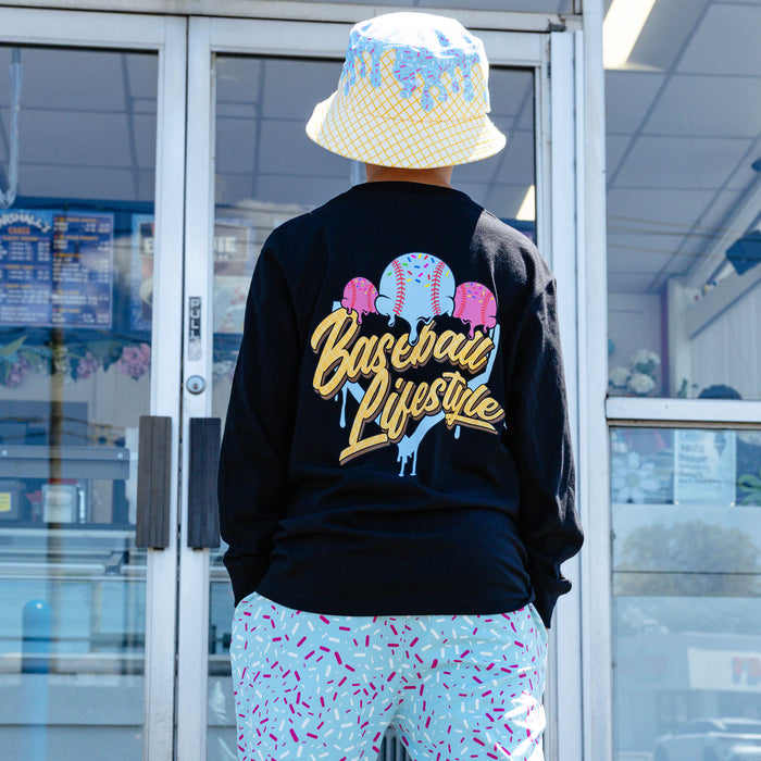 Youth model wearing ice Cream Long Sleeve Cotton Candy youth graphic tee