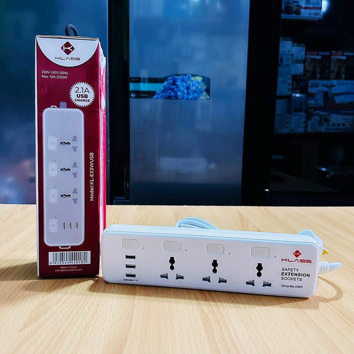 Klass KL-EX3WUSB 3-Way Safety Extension Socket with USB Charging - 2500W