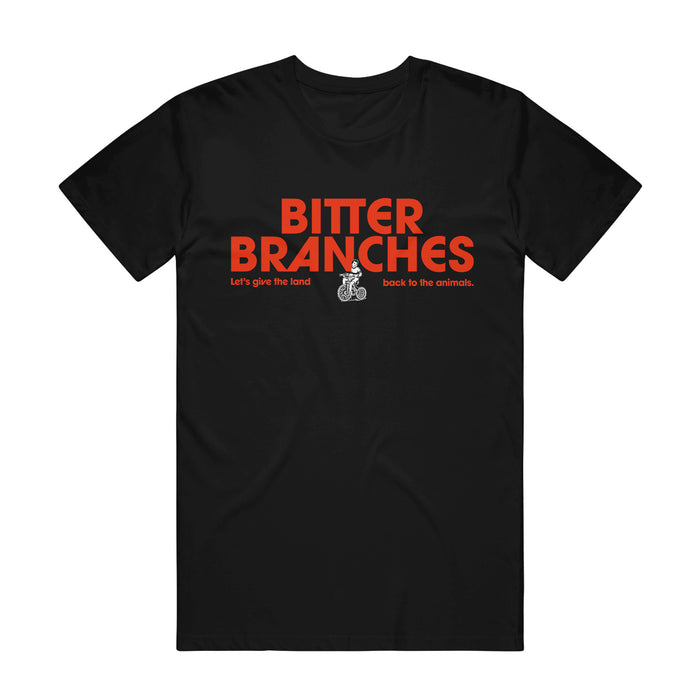 This Bitter Branches Comfort Colors tee features bold red “BITTER BRANCHES” text, a black-and-white snake illustration, and “Let’s give the land back to the animals” beneath.