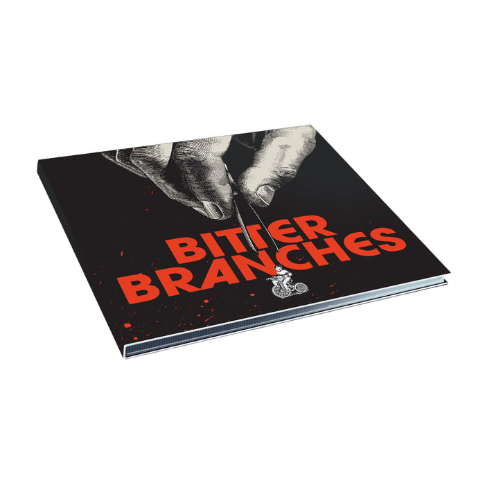 The Bitter Branches album cover showcases large orange letters on black, depicting a hand holding a knife with red splattersβmaking a striking statement in animal rights music.