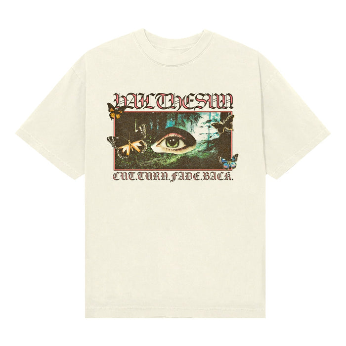 Beige Meadow Ivory T-shirt by Hail The Sun featuring a single eye graphic with greenery and butterflies, “ALTHESUM” above, and “CULTURA HEDERICA” below in stylized fonts.