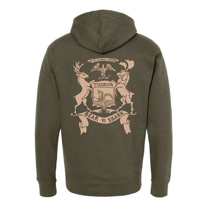 The back of the hoodie has an emblem of a deer and moose on either side of each other, holding a "tuebor" plaque with a ribbon under it that says "bear vs shark".