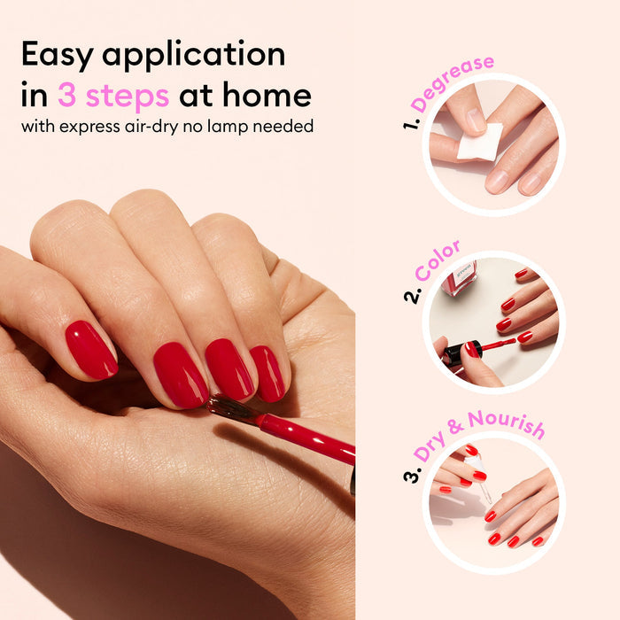 A hand applies Manucurist Lava, a pop red nail polish with warm orange undertones. For easy at-home use: degrease nails, apply Lava, let air-dry—no lamp needed. Get a salon-worthy finish and nourished nails in minutes.