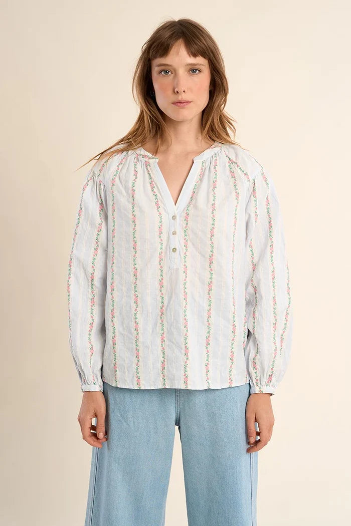 Molly Bracken Blue Striped Floral Blouse