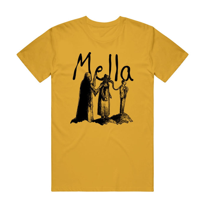 The Mella mustard yellow T-shirt displays Mella above a black sketch of three robed figures in a semi-circle, the central one holding hands with the others, and features subtle gold jewelry details for a unique accent.
