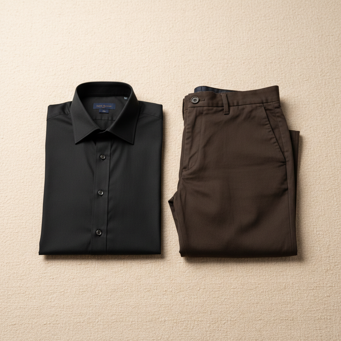 Men's Outfit Combo – Verso Black Dress Shirt and Khaki Dark Brown Pants flat-lay on cream background