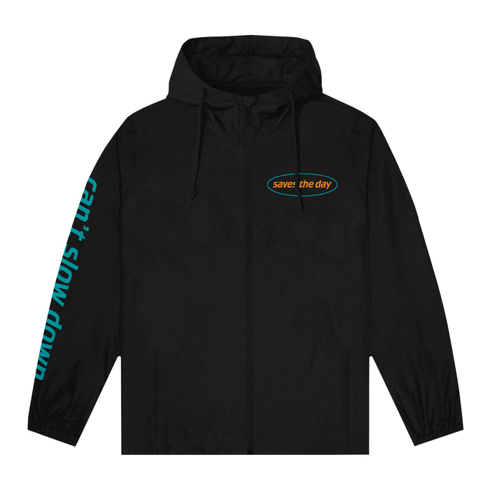Saves The Day black windbreaker with an oval logo and save the day in orange on the left chest, plus cant slow down in teal text vertically down the right sleeve.