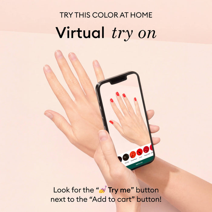 A hand holds a smartphone displaying Manucurist’s "Pastel Pink" gel polish virtual try-on, while another hand is nearby. Text highlights the “Virtual try on” nail color feature.