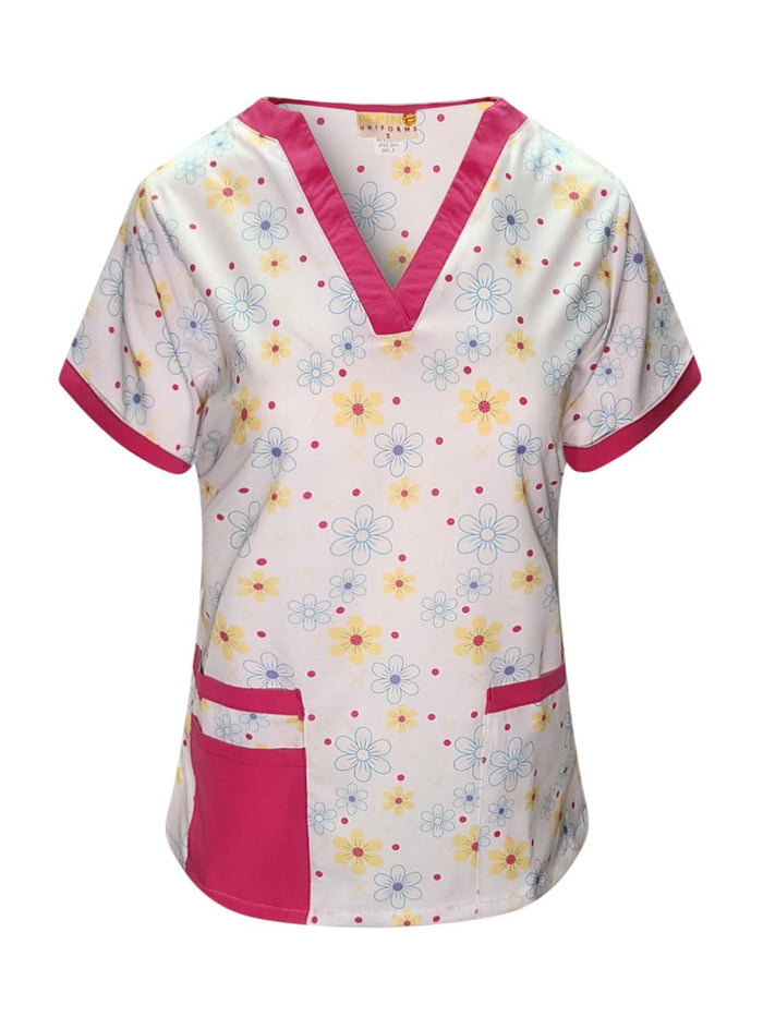 Pepino Uniforms Printed Pinkn' Yellow Daises V-Neck Scrub Top