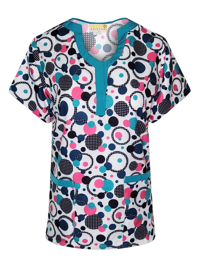 Pepino Uniforms Printed Teal Swirly U-Neck Scrub Top