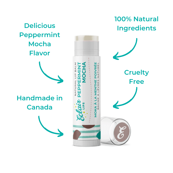 Lip balm tube with text and arrows.