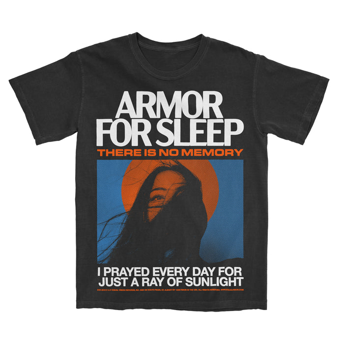 Black Comfort Colors t-shirt by Armor For Sleep featuring "Armor For Sleep" and "There Is No Memory" above a stylized long-haired figure with an orange halo, plus the phrase "I prayed every day for just a ray of sunlight.