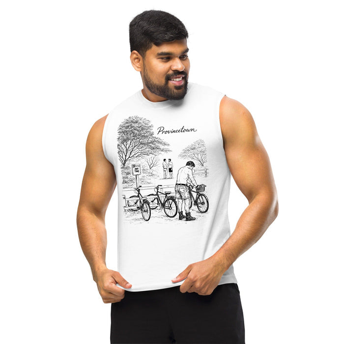 Man wearing Adam's Nest x Nathan Rapport Provincetown Boy Beach Bikes white muscle tee, LGBTQ+ queer artist collaboration from Provincetown MA