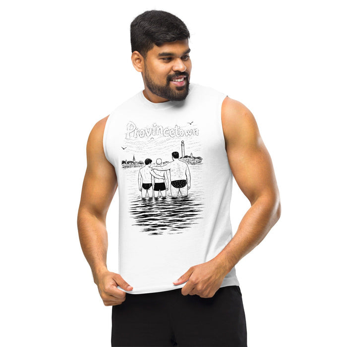 Person wearing Adam's Nest x Nathan Rapport Ptown Bear Week Water Boys white muscle tee, unisex queer bear apparel from Adam's Nest Provincetown MA