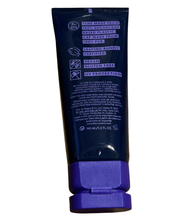 Dark blue hair mask tube with purple cap, vegan, gluten free, UV protection, 5 oz size
