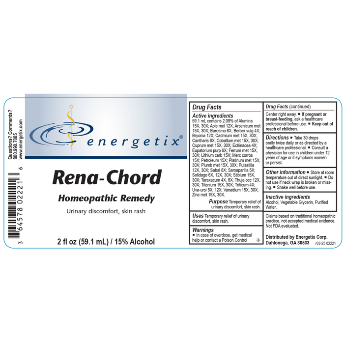 Rena-Chord is a homeopathic combination formula for symptoms related to toxic load of the kidneys.