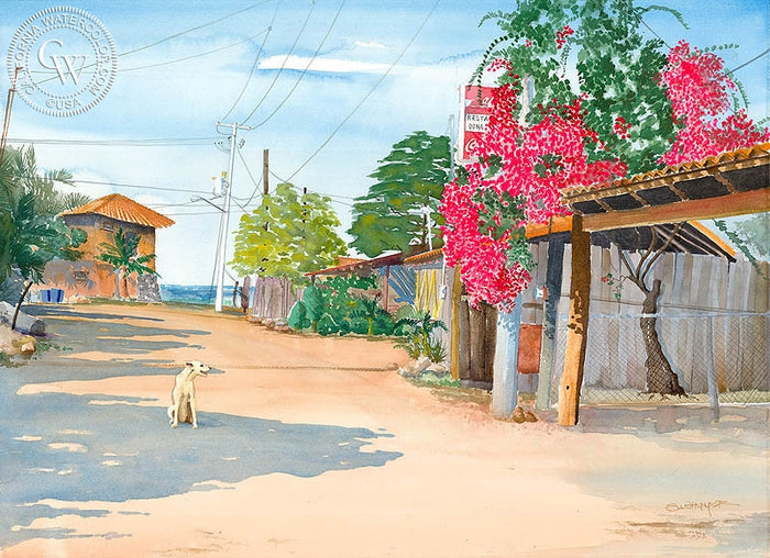 Road South, Mexico, watercolor painting by Steve Santmyer (American art). Original painting and fine art giclée reproduction by California Watercolor for wall decor.